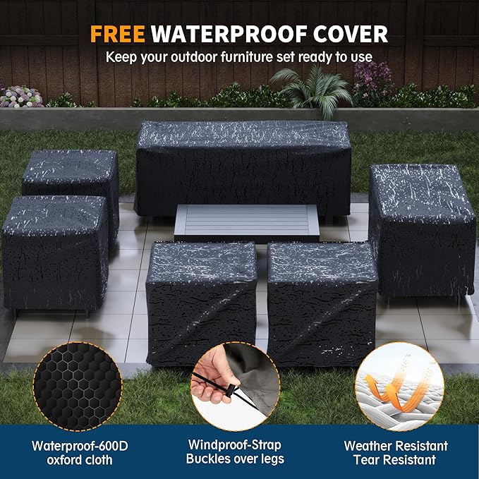 UDPATIO 8 Piece Aluminum Patio Furniture Set with Wicker Fire Pit Table,Mordern Outdoor Furniture Set with Water-Proof Cover Included, Dark Grey