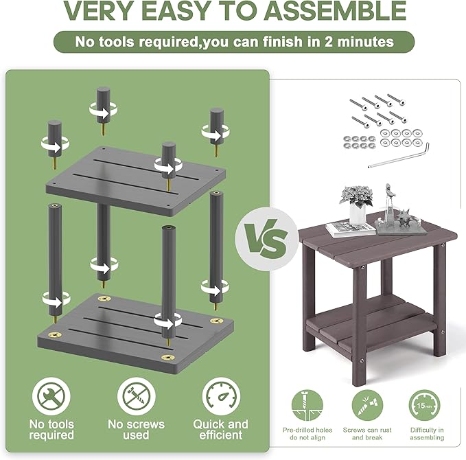 LEJANEOYE Outdoor Side Table, 2-Tier Small Outdoor Table for Patio, Adirondack Side Tables for Outside or Indoor, Bamboo End Table for Pool, Porch, Weather Resistant Easy Maintenance-Gray