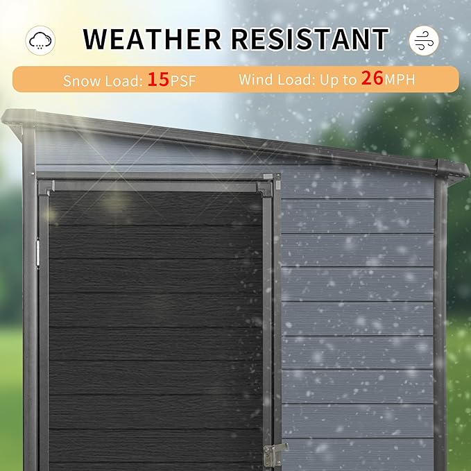 4x8FT Resin Outdoor Storage Shed with Floor and 2 Windows,Waterproof Plastic Sheds with Lockable Doors,Outside Garden Tools Sheds for Backyard Patio,Gay+Black