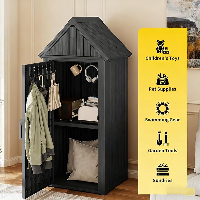 Outdoor Storage Shed with Removable Shelves, Waterproof Resin Outdoor Storage Cabinet for Small Patio, Balcony, Backyard, Vertical Storage Shed with 12 Hooks for Garden Tools, Grilling Supplies, Black