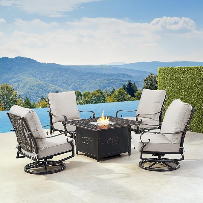 Oakland Living RICA-4CH-RONIN-LGCU-AC Black Aluminum Patio Fire Table Set with Four Club Chairs, Antique Copper