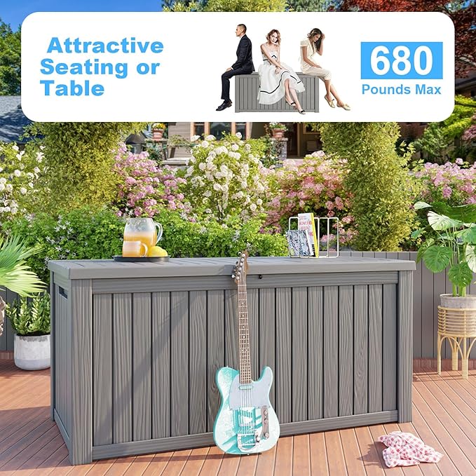 Vixzen 200 Gallon Resin Deck Box, Lockable Outdoor Storage Box for Patio Cushions Storage Furniture,Garden Tools, Pool Supplies, Weatherproof and UV Resistant- Grey
