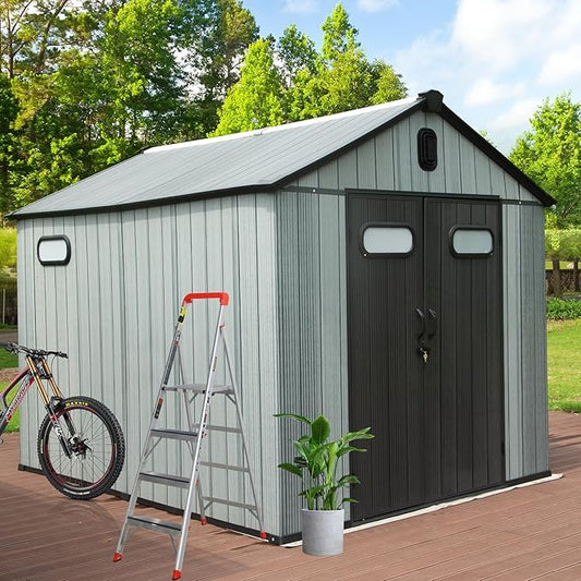 8X12FT Outdoor Resin Storage Shed Waterproof, Waterproof Plastic Garden Shed with Lockable Door, Windows & Vents, Outside Tool Storage Shed for Patio Furniture, Lawn Mower