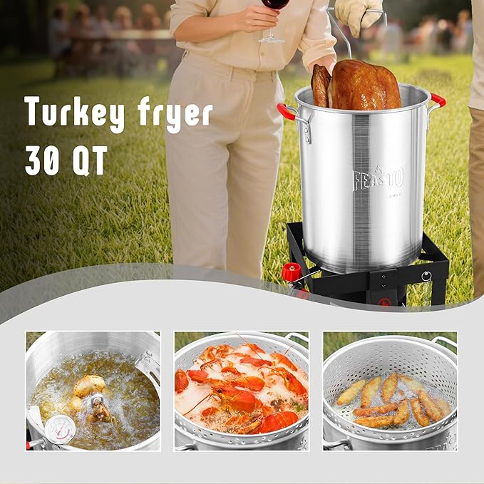 30 Qt Turkey Fryer with Basket & 10QT Fish Fryer Kit, 50,000 BTU Outdoor Propane Burner, CSA Certified, Auto Ignition, 10 PSI Regulator & Hose, for Thanksgiving Day Gathering