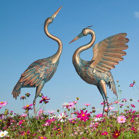 Oritty 33-37 Inch Metal Crane Garden Statue Décor, Bird Heron Garden Sculpture & Statues, Outdoor Decoration for Yard Pond Lawn Backyard Pool, Vintage Spread Wings Crane, Set of 2 Copper