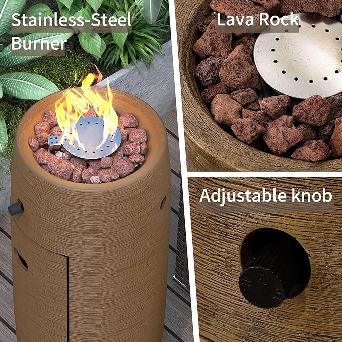 SUNBURY Outdoor Propane Fire Pit, 11" Propane Fire Column, Patio Gas Fire Pit 15,000 BTU Small Firepit Table for Outside w Lava Rocks (Brown)