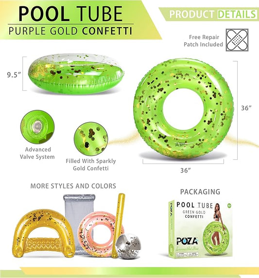 POZA Inflatable Pool Float Tube – Sparkly Confetti Swim Ring, Heavy Duty UV Resistant Inflatable Tube Pool Float for Kids & Adults – Multiple Colors & Sizes – Beach, Lake & Pool Party Float