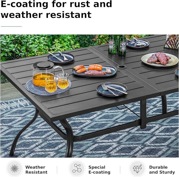 MFSTUDIO 7 PCS Patio Dining Set with Rectangular Metal Table and 4 Pieces Padded Extra Large Sling Chairs and 2 Swivel Chairs, Umbrella Hole, Outdoor Furniture for 6