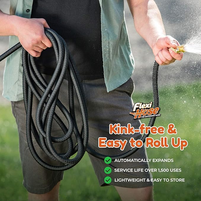 Flexi Hose Lightweight Expandable Garden Hose, 50FT - Retractable Garden Hose, Water Hose - No-Kink Flexibility, 3/4 Inch Solid Brass Fittings and Double Latex Core
