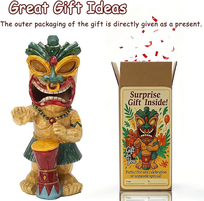 halp·ssfm Solar Tiki Garden Statue with LED Eyes Outdoor Polynesian Drummer Hawaiian Party Decor Solar Light Ornament for Patio Porch Lawn Tiki Bar or Tiki Lover Funny Stocking Stuffers Gifts