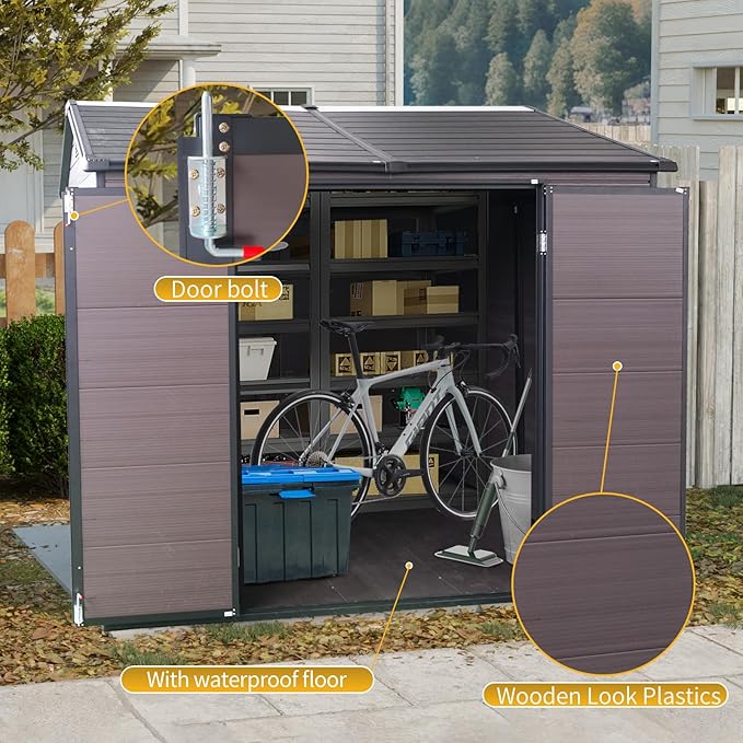 8x6 ft Outdoor Resin Storage Shed with Floor, Waterproof Plastic Garden Shed with Lockable Door and Two Windows, All-Weather Tool Sheds for Backyard, Patio, Lawn (Brown)