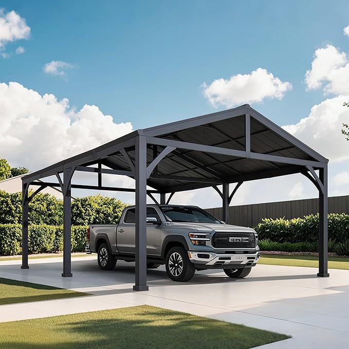 SUNJOY Carport 14 ft. x 20 ft. Hardtop Gazebo Heavy Duty Garage Car Shelter with Brown Powder-Coated Steel Roof/Black Frame and 2 Ceiling Hooks, Shade for Backyard, Patio Lawn and Garden