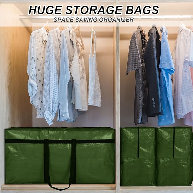 Windyun 4 Pack 57 Gallon Extra Large Storage Bags XXL Moving Bags with Zipper Handles Heavy Duty Jumbo Big Tote Box for Christmas Tree Storage 4, 5, 7.5, 9, 10, 12 ft Skeleton College Dorm(Army Green)