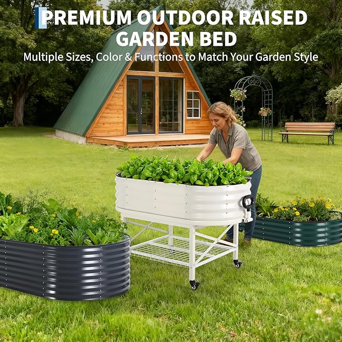 Oval Galvanized Raised Garden Bed Kit with Legs & Storage Rack for Patio, Easy Assembly, Thick Metal Outdoor Planter Box for Vegetables, Flowers, Patio Gardening, White