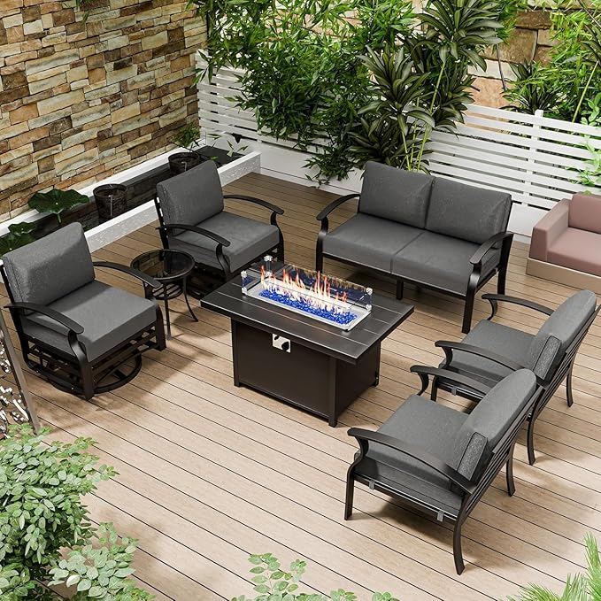 Aluminum Patio Furniture Set with Fire Pit Table, 6 Seats Outdoor Patio Conversation Set with Swivel Chair Modern Metal Patio Sectional Sofa with Upgrade Cushions for Patio, Backyard Grey.