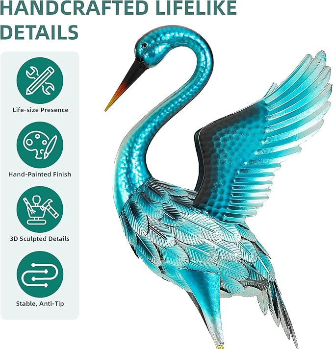 Ultym 47.5" Extra-Large Blue Heron Decor, Handcrafted Metal Crane Garden Statue with Stable U-Ground Stakes, Backyard Decoration, Metal Garden Bird Animal Yard Art, Lawn Ornament