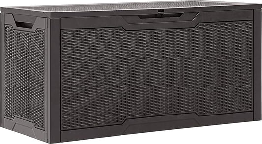 YITAHOME 100 Gallon Outdoor Storage Box, Large Water Resistant Resin Deck Box, Indoor Outdoor Lockable Storage Container for Patio, Garden, Cushions, Tools, Equipment (Dark Brown)