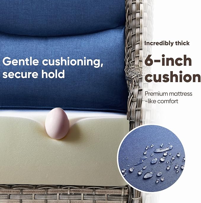 Swivel Patio Chairs Set of 2, High Back Comfortable Outdoor Glider Chairs, 6" Thick Cushion, Wicker, Gray, Blue Cushion