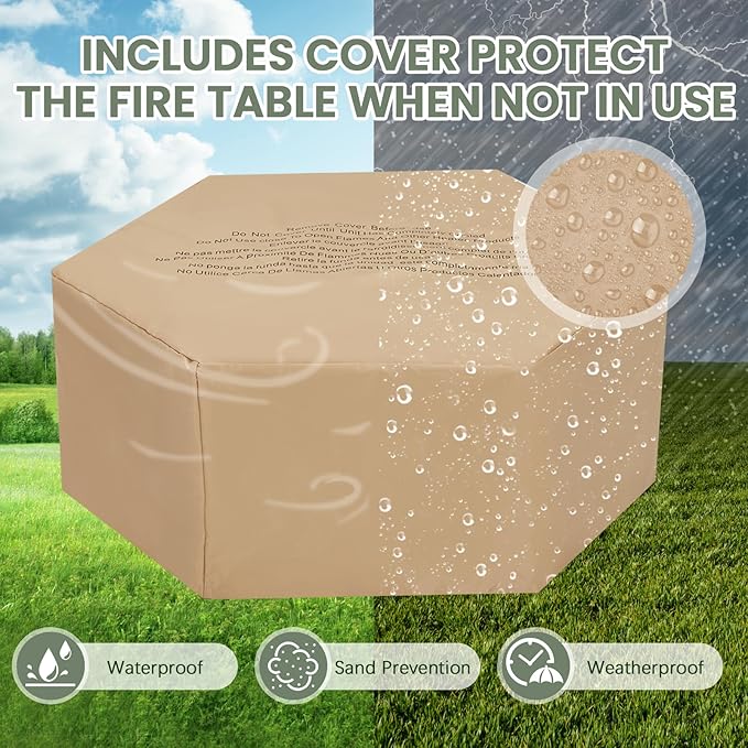 ECOTOUGE Propane Fire Pit Table, Outdoor Gas Fire Pit Set w/Side Handles, 30''Auto-Ignition Steel Fire Table, 50,000 BTU Hexagon Concrete fire Pit w/Weather-Resistant Pit Cover, Lava Rocks, Black