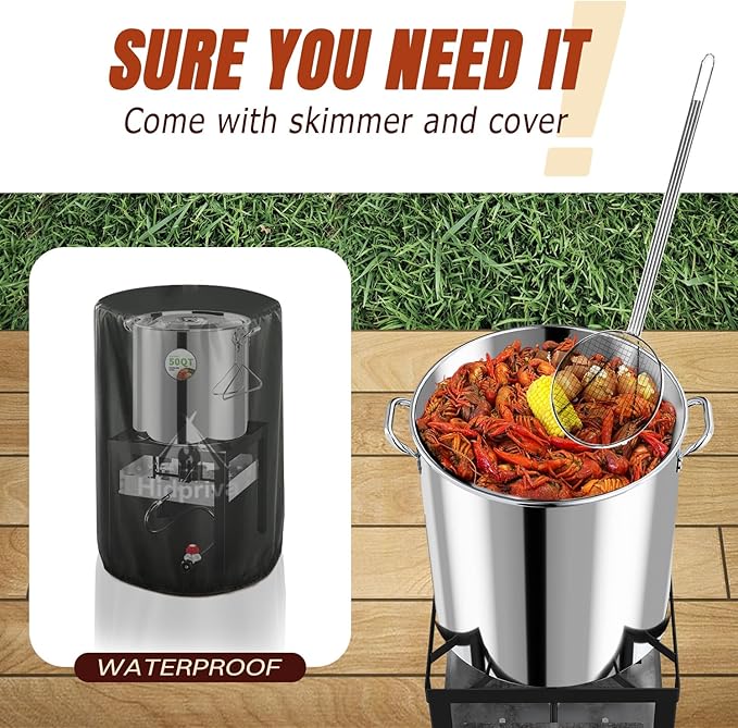 Stainless Steel 60QT Crawfish Boiler Kit, Waterproof Cover & 12-inch Skimmer, 110,000BTU Propane Burner Stove, 0-20PSIG Regulator, Seafood Boil Pot, Crab Boil Pot with 50QT Basket