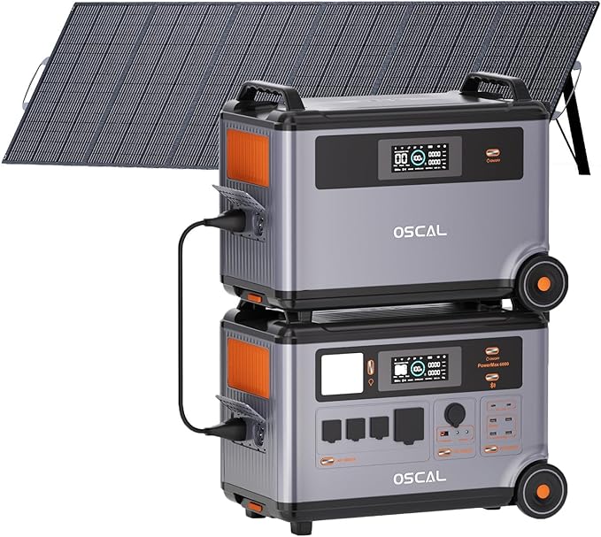 OSCAL 6000W(9000W Peak) Portable Solar Power Station with 1 * 500W Solar Panels, 3600Wh LiFePO4 Battery with 3600Wh Expansion Battery Pack, 2400W Solar Charging Generator for Camping, Home, Emergency