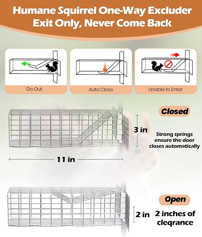 One Way Squirrel Door Excluder, Humane Squirrel Trap, 11 × 3 × 3 inch Rodents Excluder, Includes Full Installation Kit with Screws, Pressure Plate, Cable tie & Copper mesh, One Way Traps