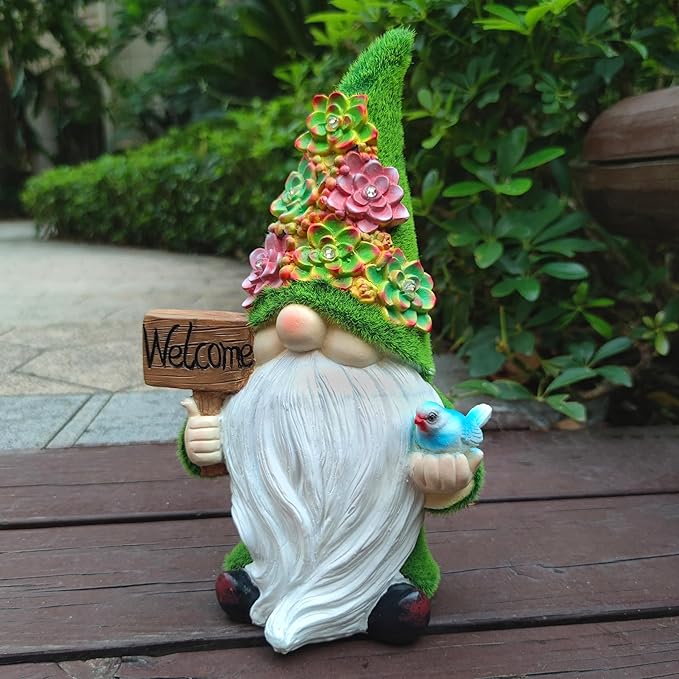 VIOYOUNS Solar Gnomes Garden Statues,Resin Gnome Figurine Holding Welcome Card and Bird with Solar Lights, Outdoor Gnomes Decorations for Yard Patio Lawn Porch, Garden Gifts
