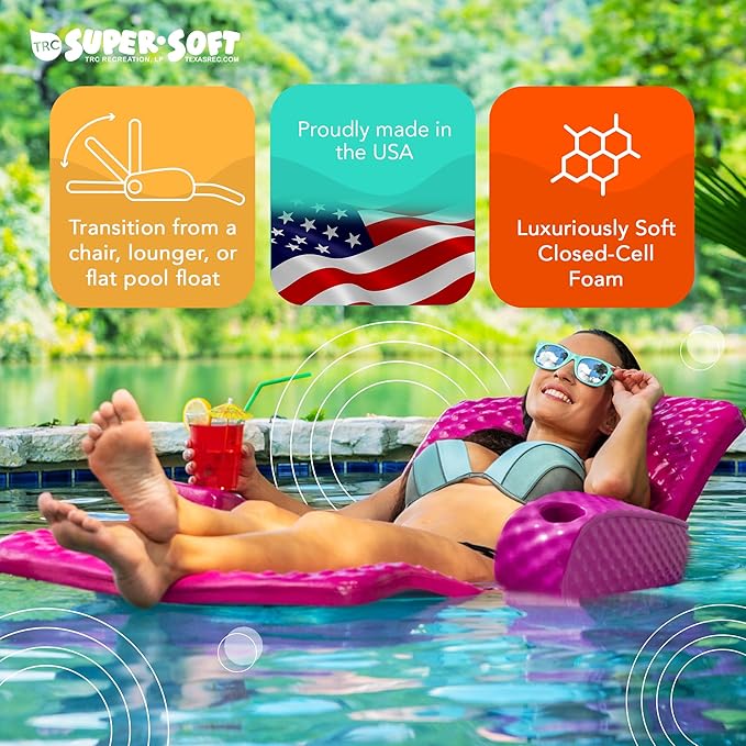 TRC Recreation Super Soft Portable Floating Swimming Pool Water Lounger Comfortable Adjustable Recliner Chair with 2 Armrest Cup Holders…