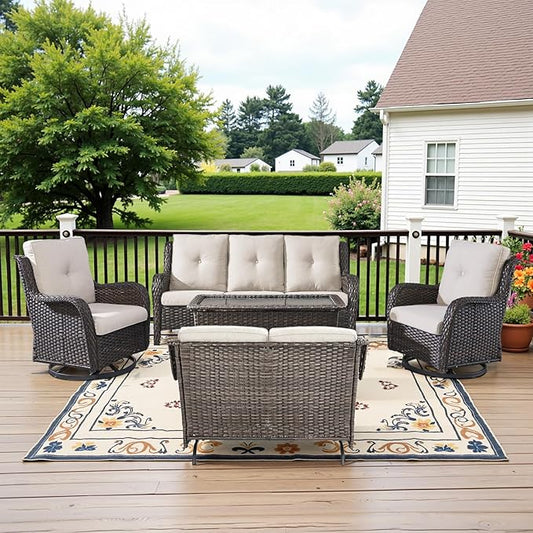 Belord 5 Piece Outdoor Patio Furniture Set - Outdoor Conversation Couch and Loveseat Glider Chair Furniture Set with Rattan Coffee Table for Deck Balcony Poolside Brown Wicker/Beige Cushions