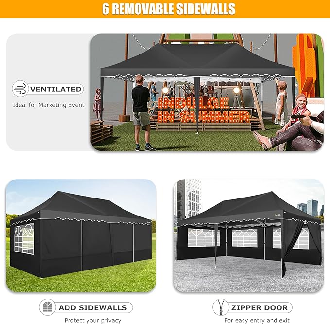 HOTEEL 10x20 Pop Up Canopy with 6 Sidewalls, Easy Setup Party Tent with Wheeled Bag, 4 Weight Bags, Silver Coated Event Shelter for Backyard, Vendor Booths, Black
