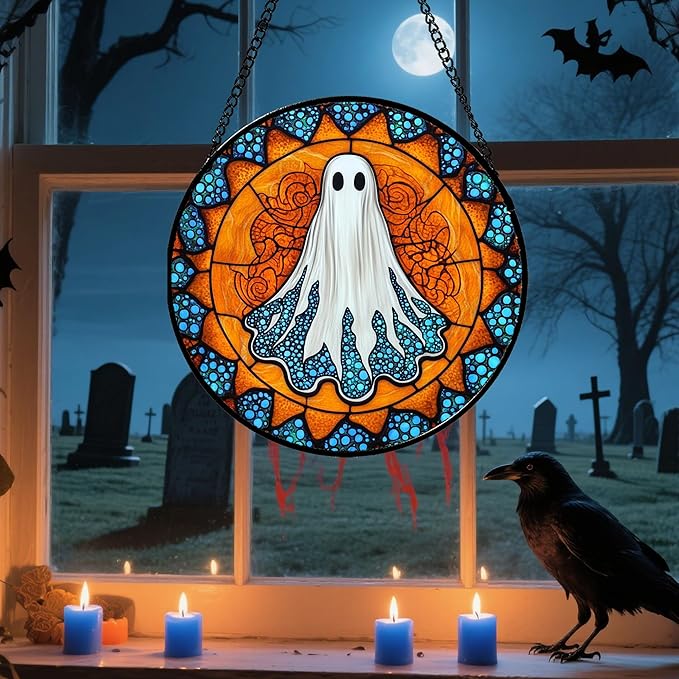 CRISGIF Stained Glass Window Hanging - Halloween Decorations White Ghost Suncatcher for Doors Garden Indoor Spooky Funny Blue Sun Catchers Gothic Decor Horror Gifts for Women Men Friend 9.8 in