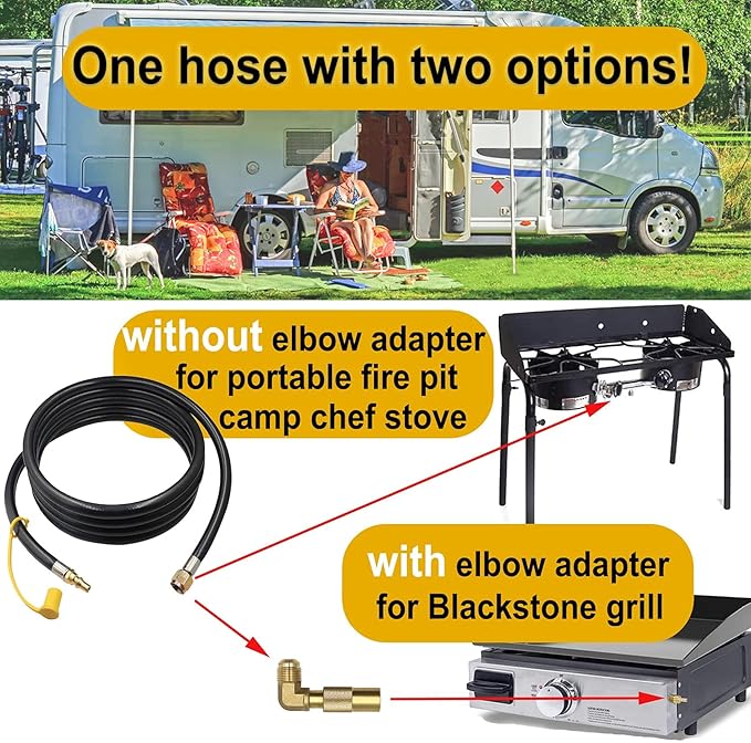 Monkemon 12FT Propane Quick Connect Hose RV to Grill, Low Pressure Propane Elbow Adapter with Extension Hose for Blackstone 17" and 22" Griddle, For Camp Chef Stove Portable Fire Pit