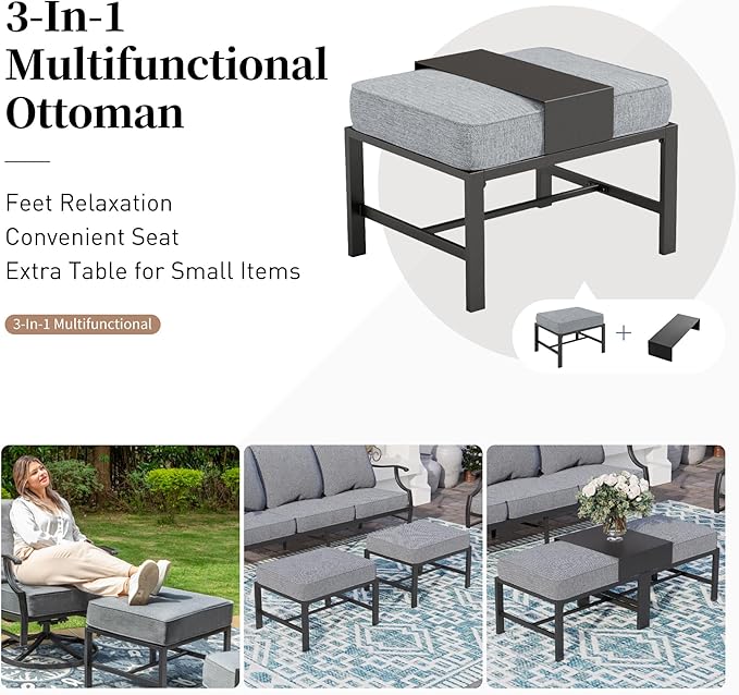 5 Piece Metal Outdoor Patio Furniture Sets, Patio Conversation Sets 1 3-Seater Sofa, 2 Swivel Chairs, 2 Ottomans with 5.75" Thick Cushion, Black All-Weather Backyard Furniture, Gray