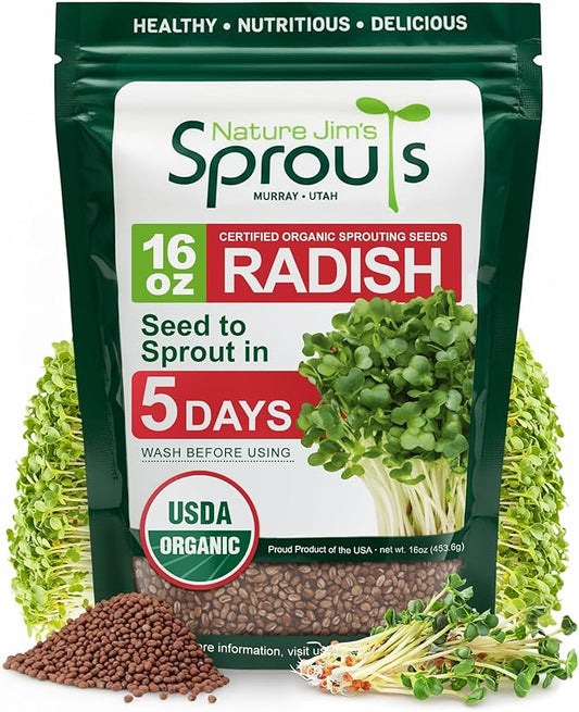 Nature Jims Radish Sprout Seeds – 16 Ounce Organic Sprouting Seeds – Non-GMO Premium Radish – Resealable Bag for Longer Freshness Rich in Vitamins, Minerals, Fiber