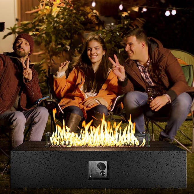 COSIEST 56-inch x 28-inch Outdoor Propane Fire Pit Coffee Table w Concrete Rectangle Base, Certified, 50,000 BTU, Free Lava Rocks and RainCover, Fits 20lb Tank Outside, Wind Guard, Gray