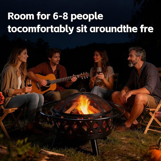 Smug 30 Inch Round Fire Pit, Wood Burning Fire Pits for Outside with Spark Cover Fire Poker, Outdoor Firepit for Patio, Backyard, Garden, Bonfire Party