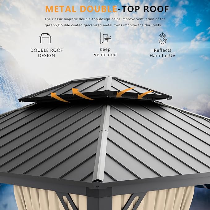 12’x20’ Hardtop Gazebo Outdoor Aluminum Frame Permanent Gazebo Galvanized Steel Double Roof Gazebos with Nettings and Curtains for Patio, Lawns,Backyard, Deck(Brown)