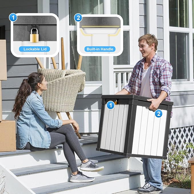 50 Gallon Deck Box Large Outdoor Storage for Patio Furniture,Outdoor Cushions,Garden Tools and Pool Supplies,Waterproof,Resin,Lockable(Black&White)
