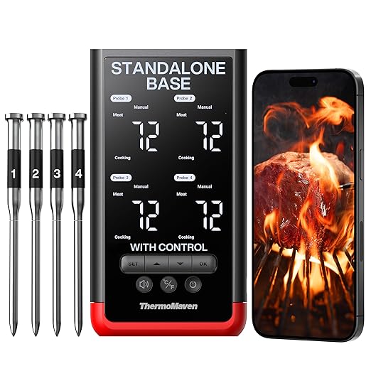 ThermoMaven Smart Bluetooth Wireless Meat Thermometer: Standalone Base, WiFi Unlimited Range, 6 Sensors with NIST Certified Accuracy, 4 Probes for Kitchen, BBQ, Grill, Oven, Smoker, Rotisserie