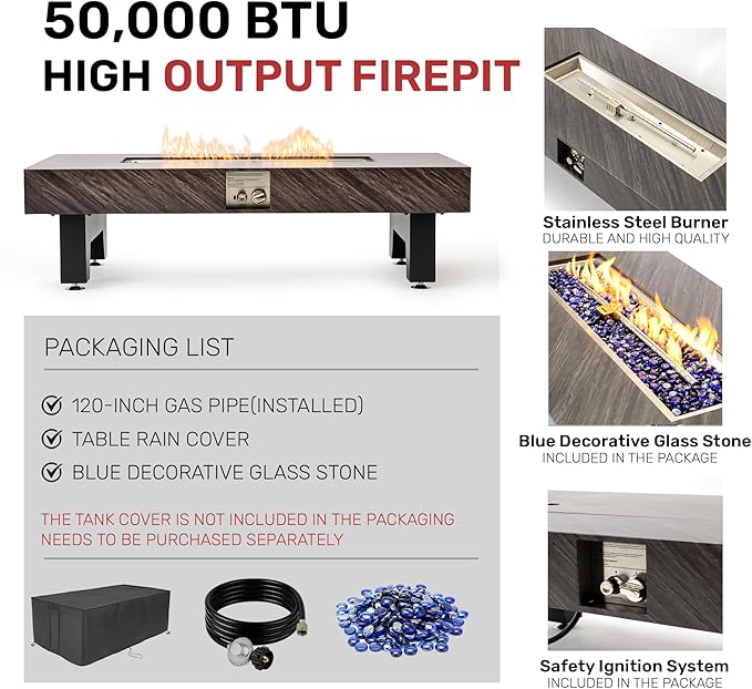 54”Propane Fire Pit,Outdoor Gas Fire Pit Table with Rain Cover,Rectangular Heater for Patio, Backyard, Deck,50,000BTU Outdoor Modern Patio Fire Pit.