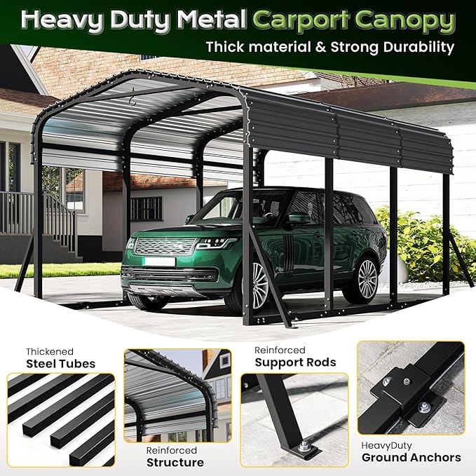 Heavy Duty Metal Carport Canopy, 10x15 FT Outdoor Car Port with Waterpoorf Metal Roof& Side Support Rods, Multi-Use Shelter Outdoor Garage for Car, Boats and Truck