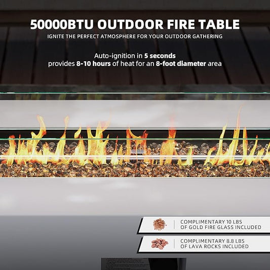 UPHA 42-inch Outdoor Propane Gas Fire Pit Table 50000 BTU Iron Rectangle Firepit for Outside Patio with Tank Hidden Table, Wind Guard, Removable Lid, Gold Glass Rocks, Rain Cover, White