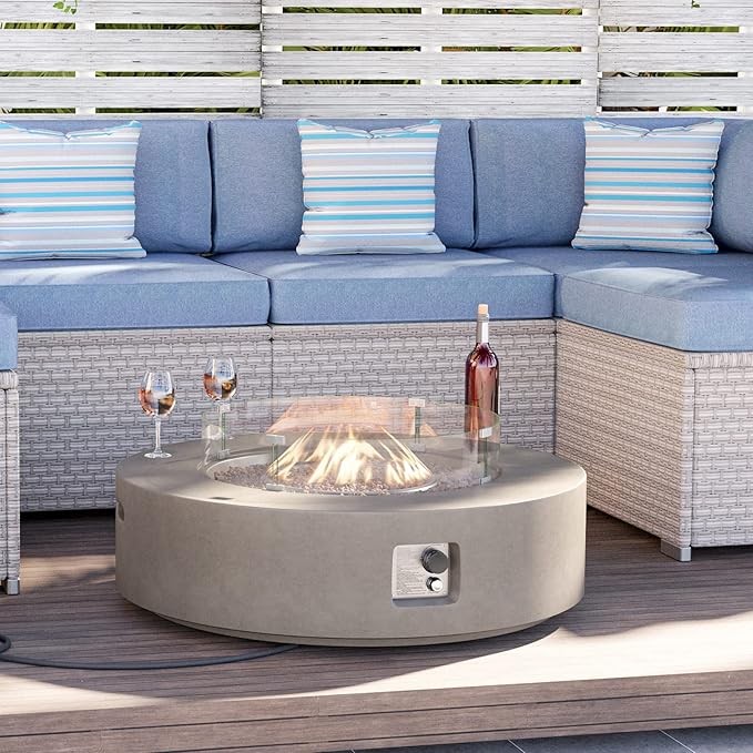 HOMPUS Outdoor Round Propane Fire Pit Table, 41''Fire Table w Wind Guard, 50000 BTU Fire Pit w Free Waterproof Cover & Fire Stone for Patio, Garden, Grey