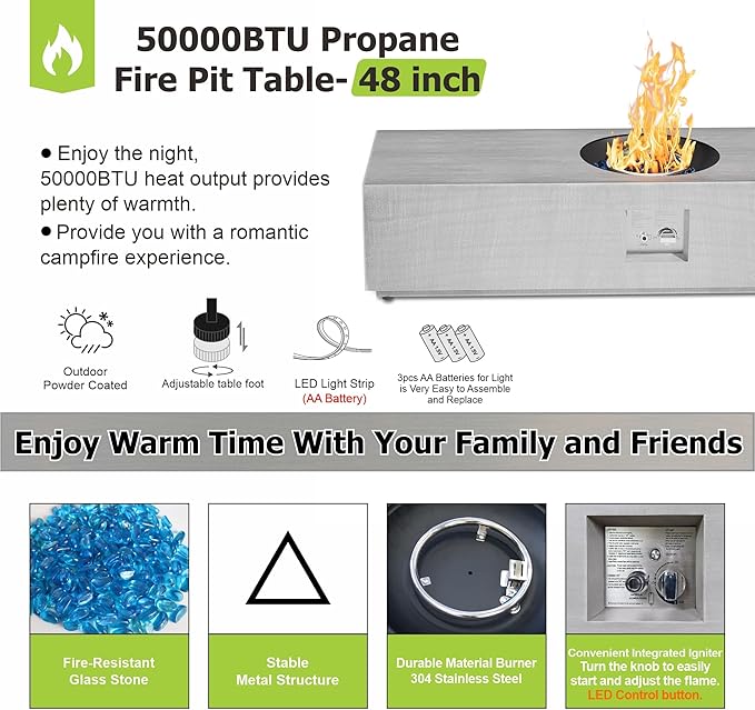 Dineli 2-Piece Outdoor Propane Fire Pit Table Set w Tank Table 48'' Rectangular Firepit Gas Fire Pits for Outside Patio Table Fire Pit w LED, 50,000 BTU (Light Gray with Warmlight)