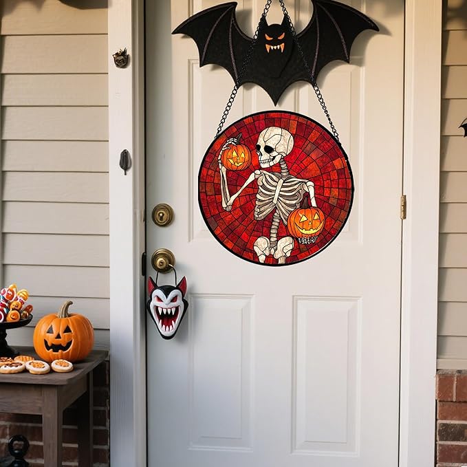 CRISGIF Stained Glass Window Hanging - Halloween Decorations Skeleton Pumpkin Suncatcher for Doors Garden Indoor Spooky Funny Sun Catchers Gothic Decor Horror Gifts for Women Men Friend 11.8 in