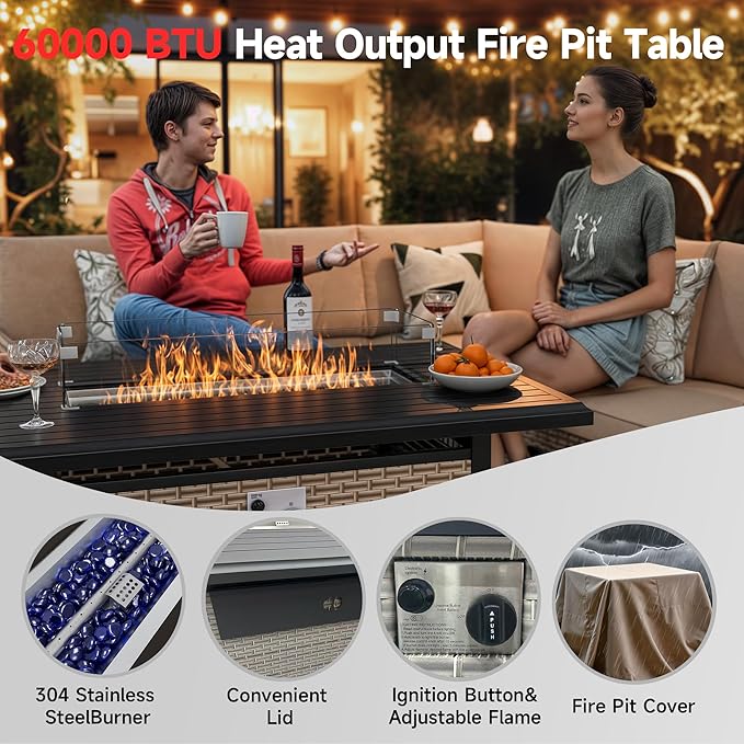 18 Pieces Patio Furniture Set with Fire Pit Table, Outdoor Sectional Wicker Sofa with Thick Cushions, High Back Swivel Rocker Patio Chairs, Rattan Conversation Set with Coffee Table, Navy
