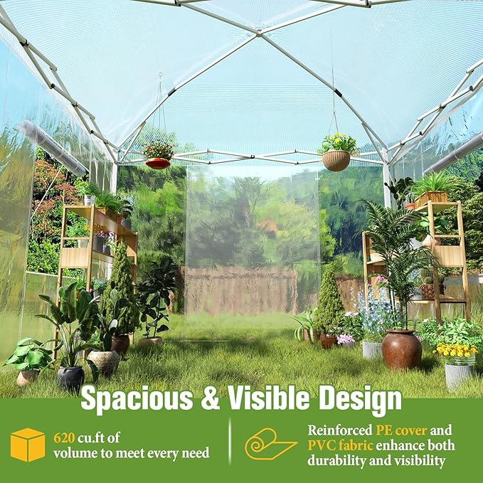 AMERLIFE 10×10×8.5 FT Pop-up Greenhouses for Outdoors Indoor with Adjustable Sturdy Frame, Portable Walk in Greenhouse with 2 Roll-up Zipper Doors, Windows and PE Cover, White