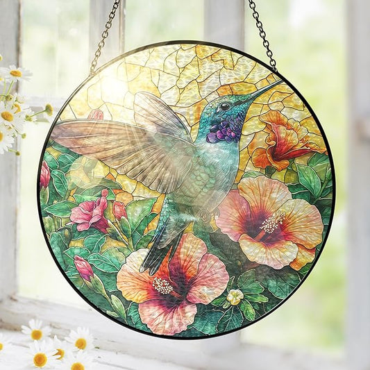 FLAGWIX Hummingbird Gifts for Women - Stained Glass Window Hanging 8 in - Sun Catchers Indoor Window for Boho Home Decor, Hibiscus Hummingbird Suncatcher, Mother Day Birthday Gifts for Mom Grandma
