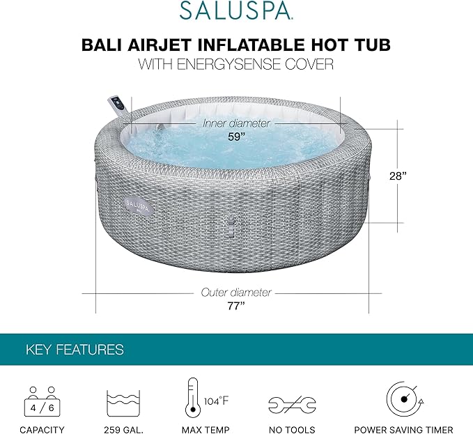Bestway SaluSpa Bali Smart AirJet Inflatable Hot Tub Round Portable 4 to 6 Person Spa with 140 AirJets, App Control and EnergySense Cover, Grey Rattan