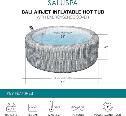 Bestway SaluSpa Bali Smart AirJet Inflatable Hot Tub Round Portable 4 to 6 Person Spa with 140 AirJets, App Control and EnergySense Cover, Grey Rattan